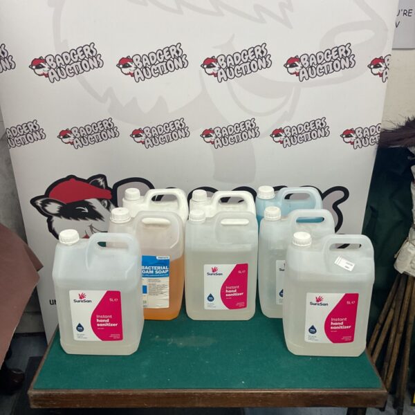 Eight 5-litre bottles of hand soap for hygiene and cleaning.