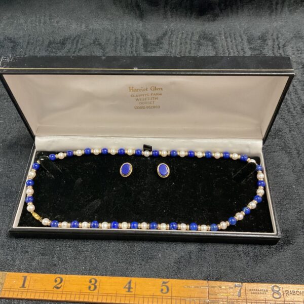 Harriet Glen lapis and pearl necklace with matching earrings.