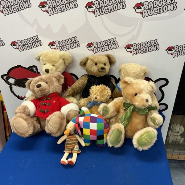 Harrods bears collection with Elmer the Elephant and other plush toys.