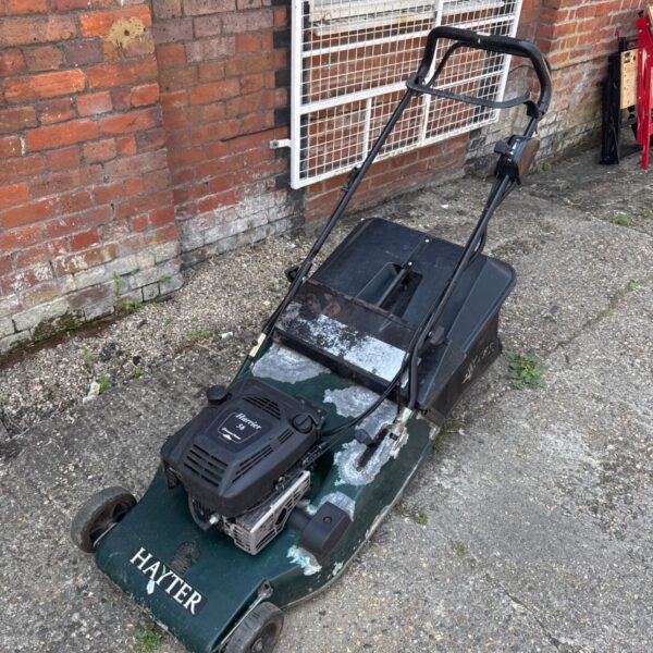 Large Hayter Harrier 56 petrol mower with grass collection box.