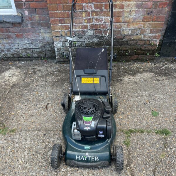 Hayter Osprey 46 petrol lawnmower in garden setting.