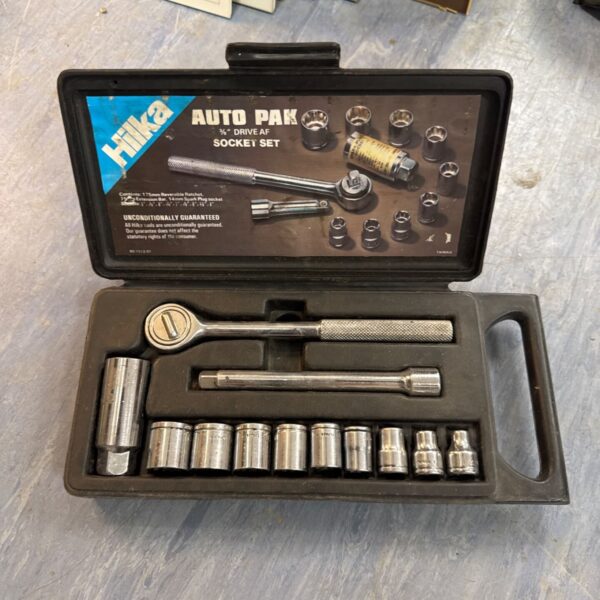 Hilka 3/8” drive imperial socket set in a plastic case.