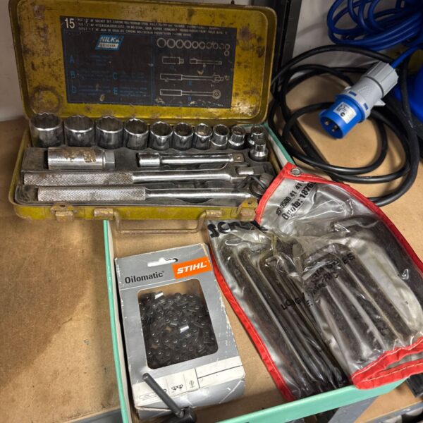 Hilka socket set with Stihl oilomatic chain and Allen keys.