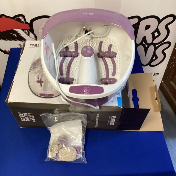Purple Homedics foot spa with accessories for relaxing foot massage.