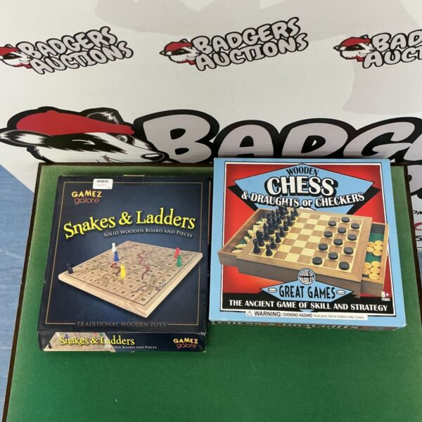 House of Marbles wooden chess and snakes and ladders set, vintage board game.