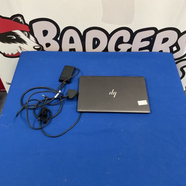 HP Spectre x360 laptop with charger, silver convertible design.