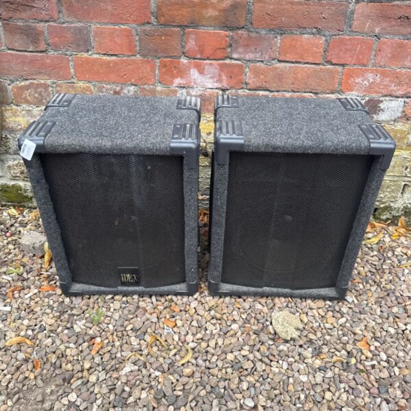 Pair of black IDEX DJ studio speakers, vintage audio equipment.
