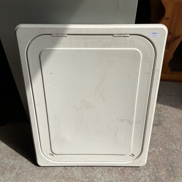 White insulated roof hatch for attic access.