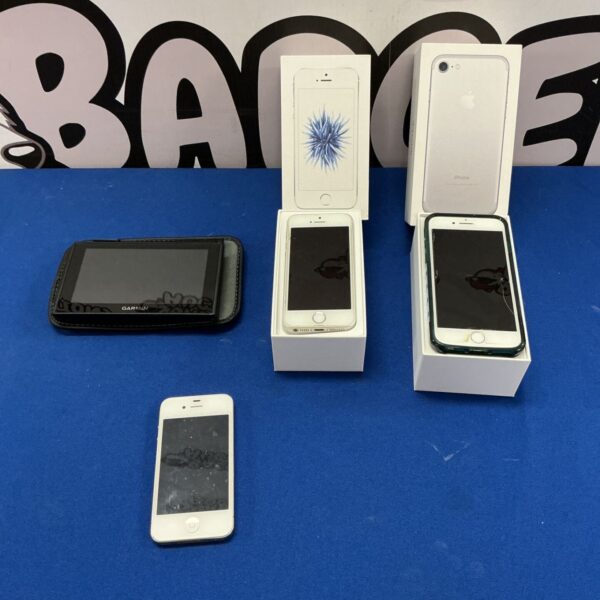 Lot of used iPhones including iPhone SE with Garmin SatNav device.