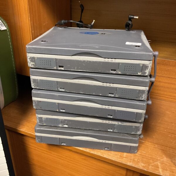 Stack of six vintage Itronix IX260 rugged laptops.