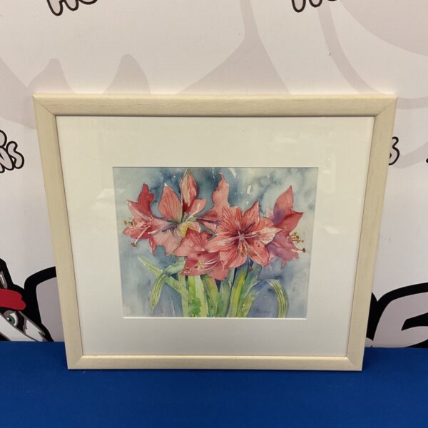 Signed J Tuckey watercolour painting of vibrant amaryllis flowers.