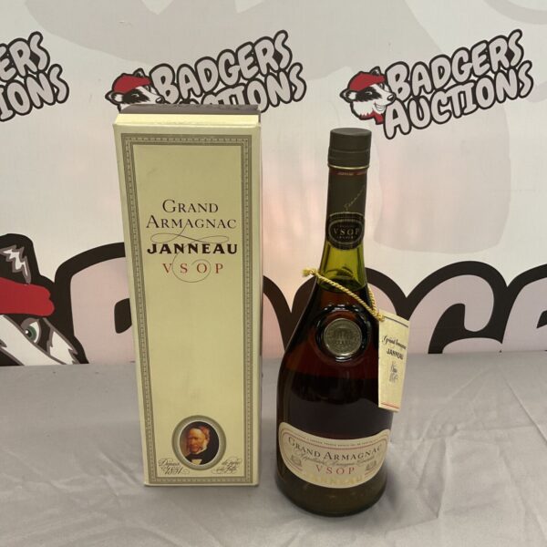 Janneau VSOP Armagnac bottle with label visible.