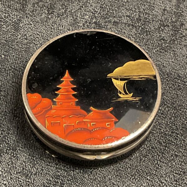 Vintage Japanese damascene powder compact with gold inlay.