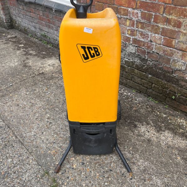 Orange JCB garden shredder with three legs for stability.