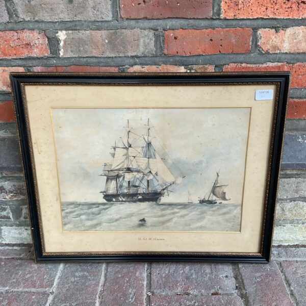 Watercolour painting of HMS Racoon by John Brett, a detailed marine scene.