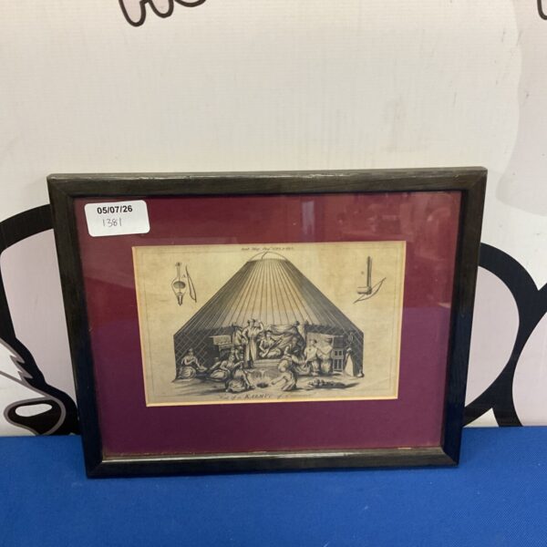 Antique 18th-century engraving of a Kalmac hut, detailed ethnographic print.