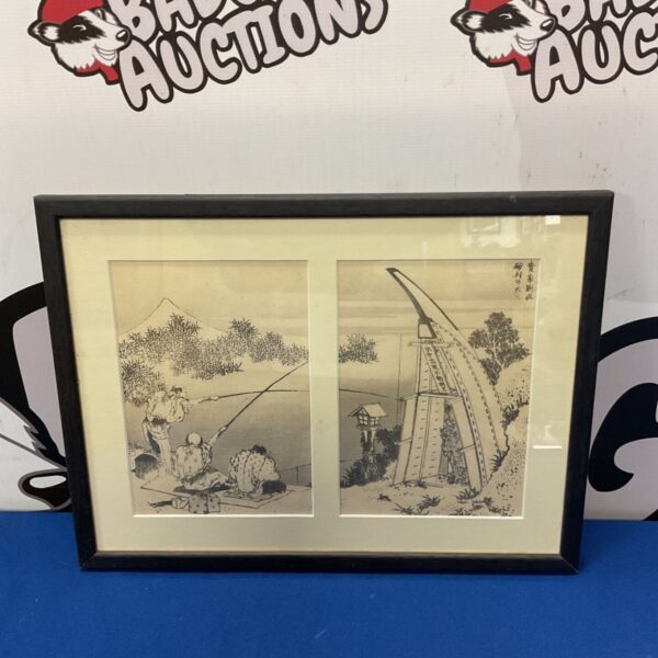 Pair of antique Katsushika Hokusai woodblock prints depicting traditional scenes.