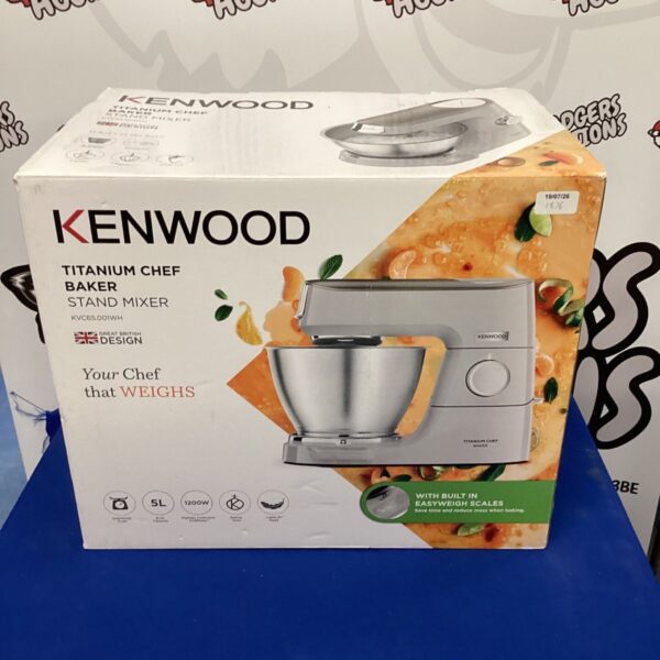 Silver Kenwood Titanium Chef Baker stand mixer in box.