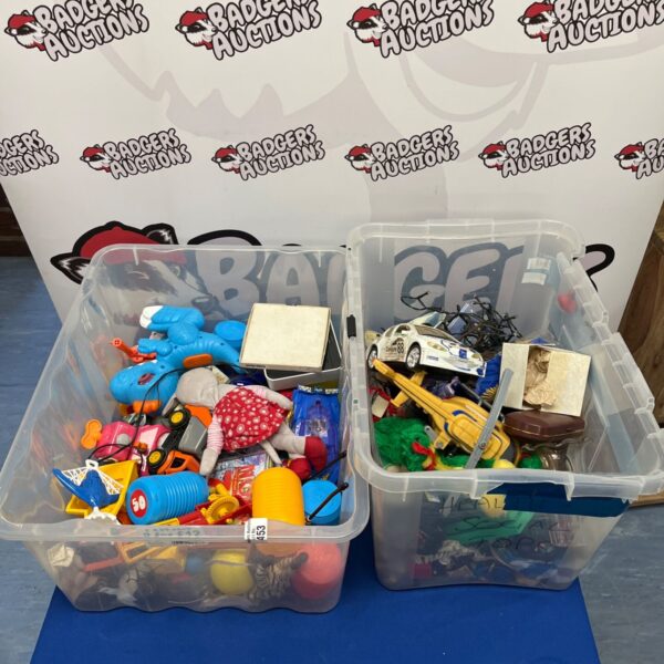 Assorted kids toy lot with building blocks and plush toy.