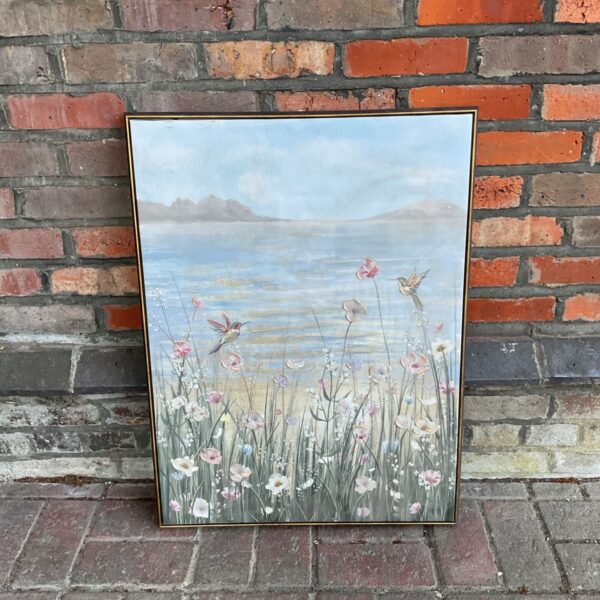 Framed kingfisher canvas print with wildflowers, vintage wildlife art.