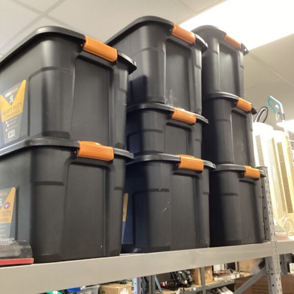 Stack of eight Kingmann heavy duty storage boxes for garage organisation.