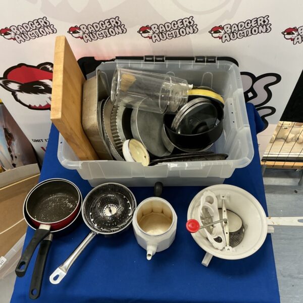 Mixed kitchenware lot with pots, pans, and a Moulinex slicer.