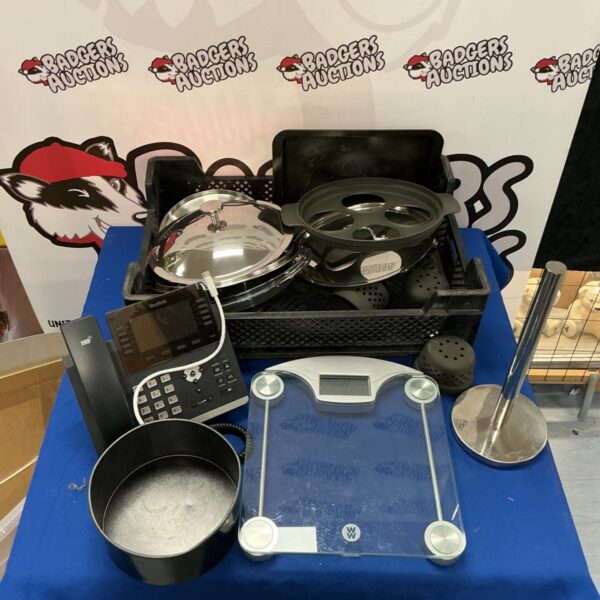 Kitchenware lot including YeaLink telephone and Weight Watchers scales.