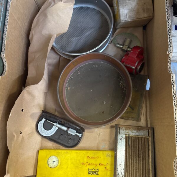 Mixed lot of laboratory test sieves, micrometers and try square.