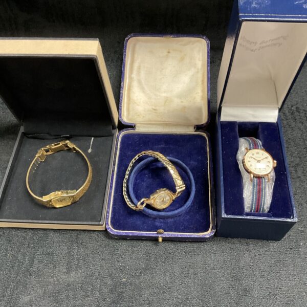Lot of three vintage ladies gold plated watches.