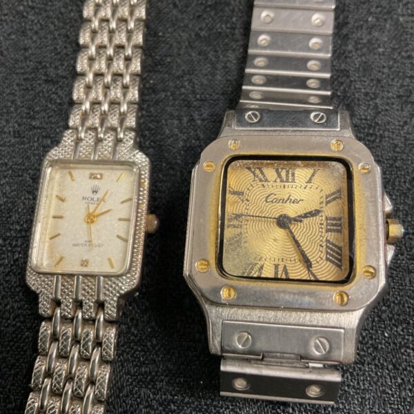 Pair of ladies quartz wristwatches in gold tone, Rolex and Cartier style.