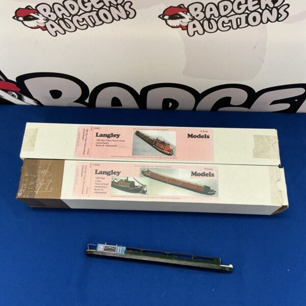 Two boxed Langley Models O Scale canal boats and a smaller model.