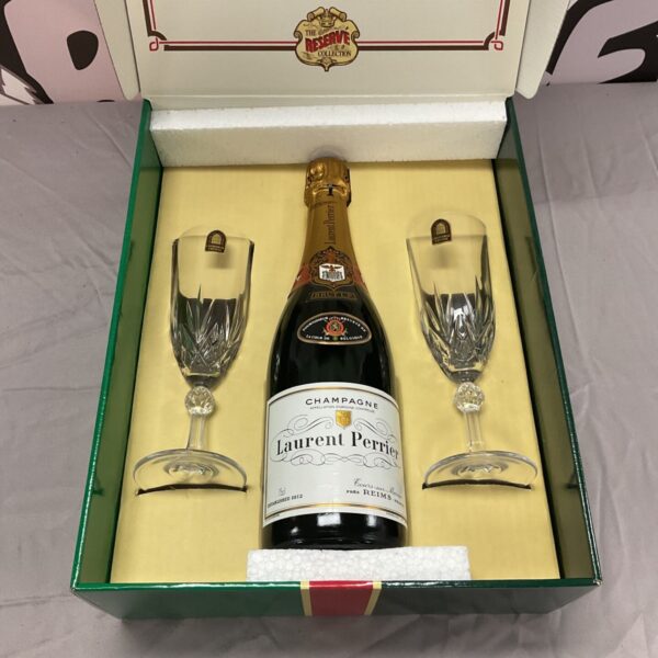Laurent Perrier champagne gift set with crystal flutes in presentation box.