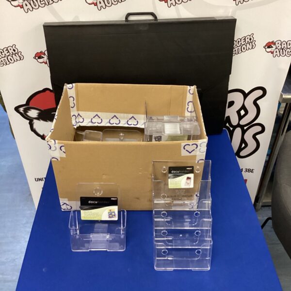 Clear plastic leaflet holders and A3 folder for display.