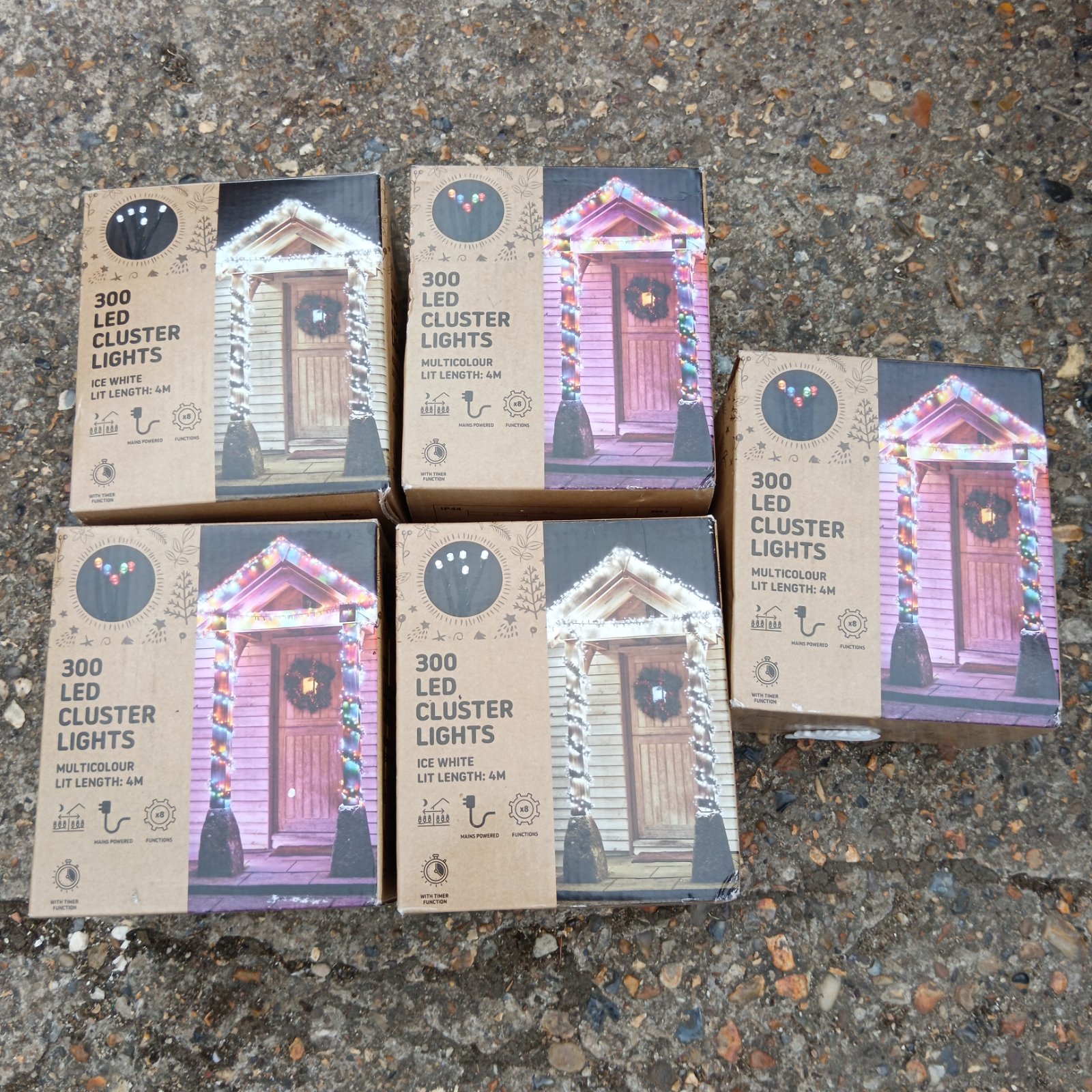 Multi-colour LED cluster lights in packaging.