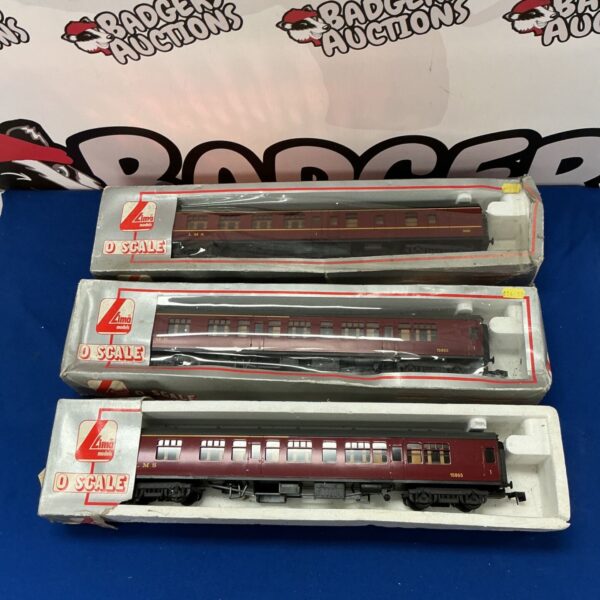 Vintage Lima 0 scale LMS train carriages for model railway collectors.
