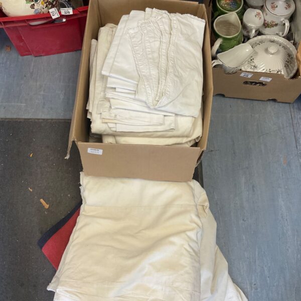 Box of vintage linen tablecloths, including Irish linen.
