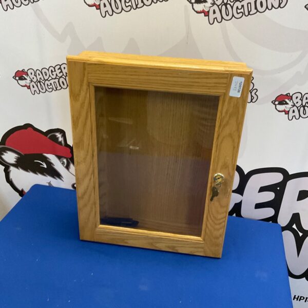 Vintage lockable wall cabinet with glass front for display.