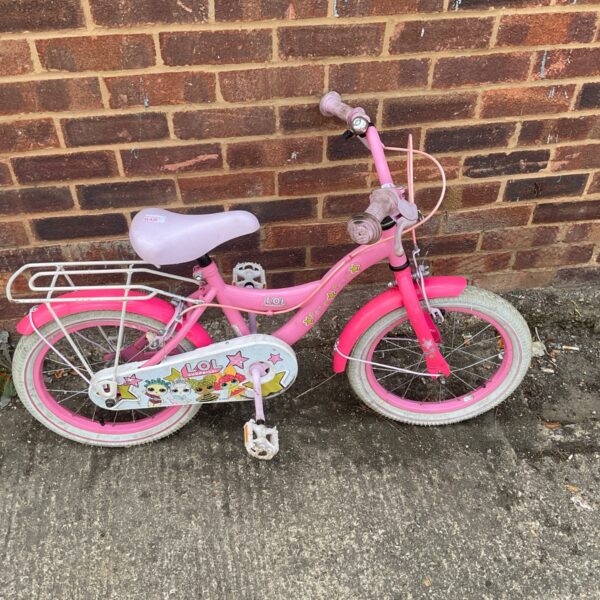Pink LOL Surprise bicycle with stabilisers for young girls.