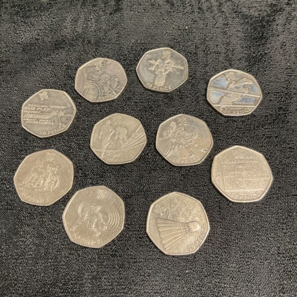 Set of ten 2011 London Olympic 50p coins for collectors.