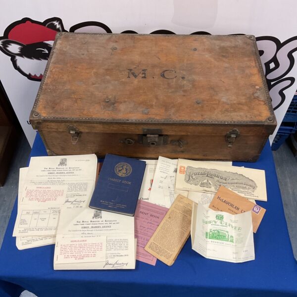 Vintage wooden trunk with London market trader ephemera