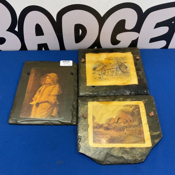Three vintage prints on slate 8” length approx