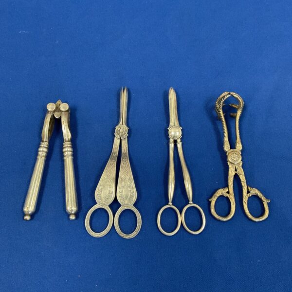 silver plate candle wick trimmers, nut crackers & claw sugar tongs