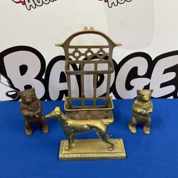 Pair of Brass bears with greyhound & fireplace tool stand