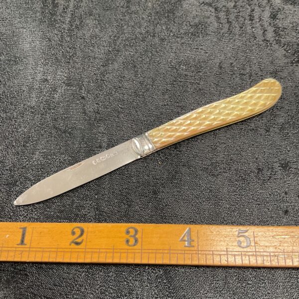 Hallmarked sterling silver victorian fruit knife with mother of pearl diamond pattern handle