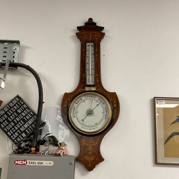 Edwardian banjo barometer barometer With inlaid case and presentation plaque For retirement from G.S.W.R kilkenny ststion