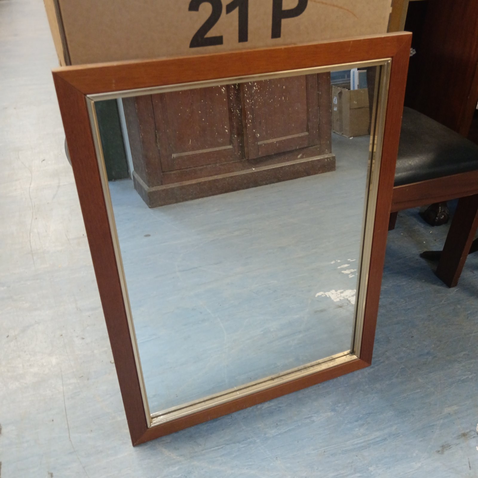vintage mid-century style mirror features a rich mahogany wood frame with a subtle brass inlay 69cm x 53cm