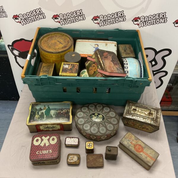 box of vintage tins including oxo tins & coca cola