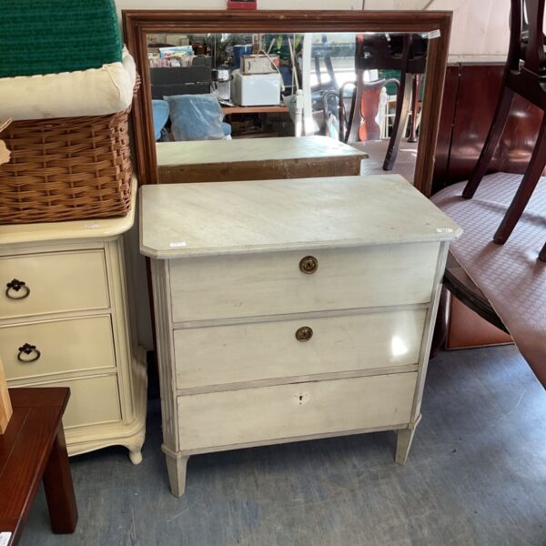 Gustavian-style 3-drawer chest features a soft natural vert finish and gently aged hardware with two mirrors inc large pine framed mirror & octagonal pine framed mirror