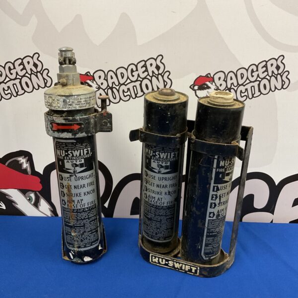 Vintage nu-swift classic car fire extinguisher with refills & brackets