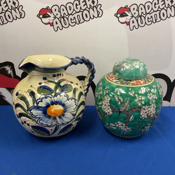 Chinese famile vert ginger jar with seal on base & hand painted pottery jug